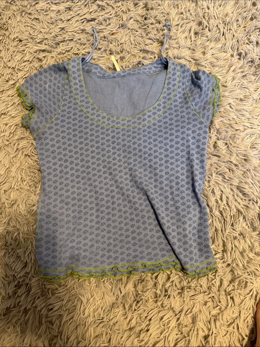 Free People Blue Short-Sleeve Scoop Neck Top with Green Trim